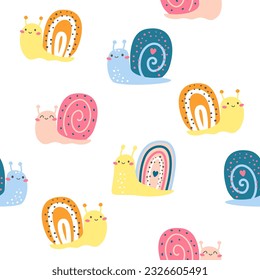 Seamless vector vivid pattern. Cute cheerful snails. Bright pattern for children's products 