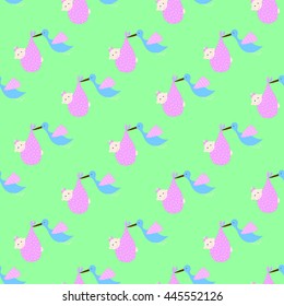 Seamless vector wallpaper of cute stork with baby