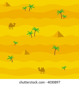 Seamless vector wallpaper. Desert. Africa. Camel. Palm. Pyramid.