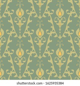 Seamless vector wallpaper design Victorian style. Repeat floral pattern on light green.