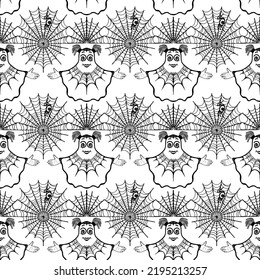 Seamless vector wallpaper. Holiday Halloween. Graphics of funny ghosts and cobwebs, hand drawn element. For the design of holiday paraphernalia: postcards, invitations, banners, textiles for children.