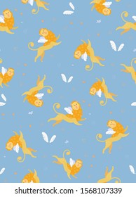 Seamless vector wallpaper for kids. Pattern with lions, stars, birds on an isolated blue background. Cute cartoon characters, wings of angels. The press on diapers for children, clothes, stationery.