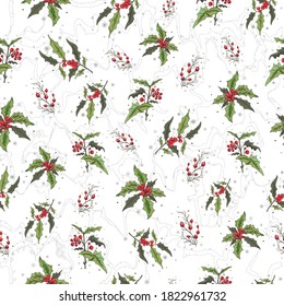seamless vector Wallpaper with a pattern of Holly and Rowan branches. the hand-drawn sketch is made in a minimalist style. vintage-inspired illustration for paper, print, winter ideas