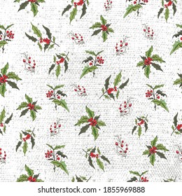 seamless vector Wallpaper with a pattern of Holly and Rowan branches. the hand-drawn sketch is made in a minimalist style. vintage-inspired illustration for paper, print, winter ideas