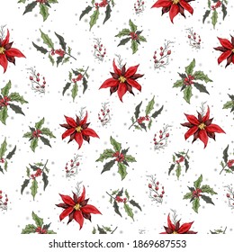 seamless vector Wallpaper with a pattern of Holly branches, poinsettia. the hand-drawn sketch is made in a minimalist style. vintage-inspired illustration for paper, print, winter ideas.