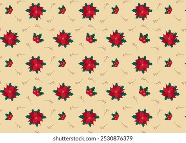 Nahtlose Vektortapete mit einem Muster aus holligen Zweigen, Poinsettia. Weihnachten handgezeichnete Illustration im minimalistischen Stil. vintage-inspirierte Illustration für Papier, Druck, Winterideen