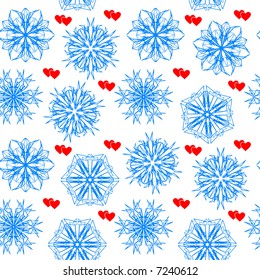 Seamless vector wallpaper with snowflakes and hearts