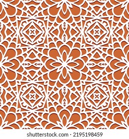 Seamless vector wallpaper.Geometric ornament of white color on a light brown background in the style of paper cut.Can be used for design: textiles, holiday wrapping paper, bags, wallpapers.