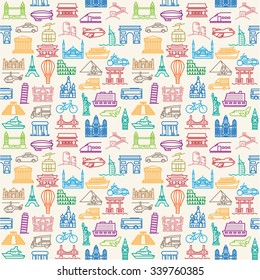 Seamless vector Wallpapers or background travel, vacation, famous places Transportation and Vehicles icons