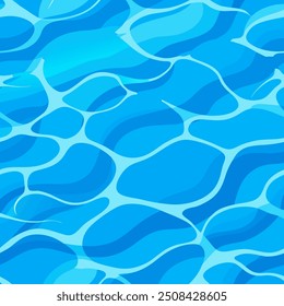 A seamless vector of a water pool's bottom with clear, cool blue hues. Gentle ripples and wave patterns create depth, with light reflections adding a smooth, flowing texture, evoking a refreshing and 