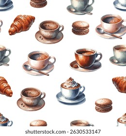 Padrão pintado de aquarela Vetor sem emenda com xícaras de café, macarons e croissants