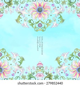 Seamless vector watercolor background with border. Lotus flowers and leaves are painted by watercolor. Imitation of chinese porcelain painting. 