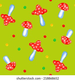 Seamless vector watercolor background. Background with mushrooms. Amanita. Can be used for wallpaper, background, surface textures, pattern fills, pack, web page.