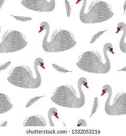 Seamless vector watercolor beautiful swan pattern.