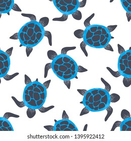 Seamless vector watercolor blue turtles pattern. 