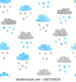 Seamless vector watercolor clouds pattern. Rain of hearts.