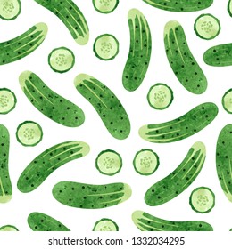 Seamless vector watercolor cucumber pattern. Vegetable background