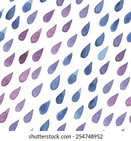 Seamless vector watercolor pattern with blue and violet drops on white background