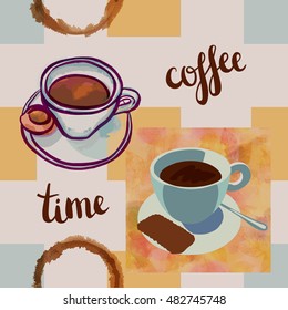 A seamless vector and watercolor pattern with freehand sketches of cups of coffee, hand lettering, coffee stan and warm colored leaves texture scrap. Slightly toned