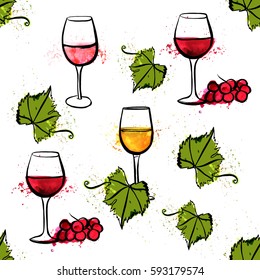A seamless vector and watercolor pattern with freehand drawings of glasses of red, white, and rose wine, with grapes, vine leaves, and splashes of paint, on white background