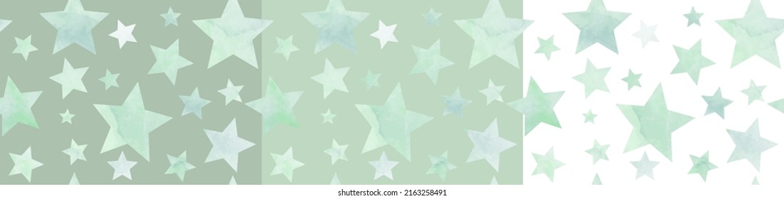 Nahtlose Vektorwasserfarbe mit khaki-farbenen Sternen. Khaki-Vorlage. Pastellfarbene Kinder setzen den Hintergrund für Postkarte, Poster. Hellgrün. Maltesischer, handgezeichnet, Babyhintergrund.