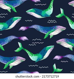 Seamless vector watercolor pattern with whales.