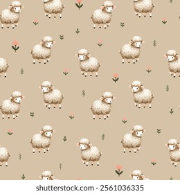 Seamless vector watercolor sheep pattern, cute lambs, floral, grass, decorative design, nature meadow, spring animal, wool, farm, print, texture soft pastel, whimsical illustration, background gentle