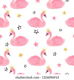 Seamless vector watercolor swan princess pattern.