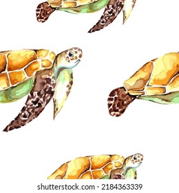 Seamless vector watercolor turtles pattern. Animals illustration for kids room and wallpaper, background