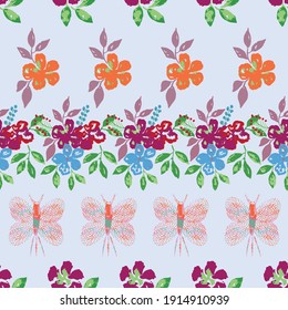 Seamless vector watercolour florals and bugs, suitable for fabric print, packaging, background pattern, gift wrap, book cover and other design projects. 