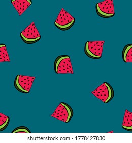 sandía vectorial sin incandescencia sobre el patrón de fondo azul. Ideal para tejidos, reserva de chatarra, diario de balas, textiles, mantas, almohadas, cubierta,
