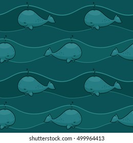 Seamless vector wavy pattern, background with sleeping cartoon whale
