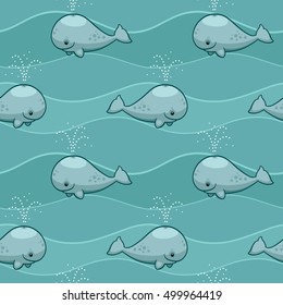 Seamless vector wavy pattern, background with smiling cartoon whale