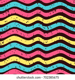 Seamless vector wavy pattern with bold colors on dark background for scrapbooking, invitations and textile design