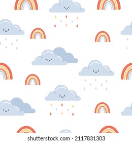 Seamless vector weather pattern with clouds, rain, rainbow with funny, cute faces.Childish colored vector illustration in flat cartoon style for fabric, textile,packaging and print.