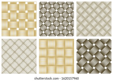 Seamless vector weaving patterns set, linear backgrounds with crossed lines, textile knitted repeat tiling wallpapers, perfect simplistic minimal designs.