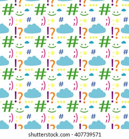 Seamless vector white background with colorful symbols: hashtag, exclamation mark, question mark, clouds, smileys, ellipsis. Digital communication symbols pattern. Social media communication signs.