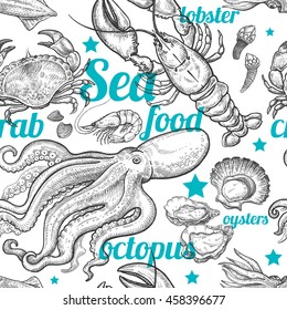 Seamless vector white background with variety of marine animals and text.