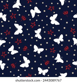 seamless vector white butterfly with red small flowers retro pattern on navy background