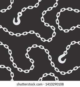 Seamless vector white chain with steel hook. On dark background.