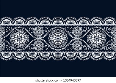 seamless vector white ethnic ornamented border design with flowers. seamless template in swatch panel