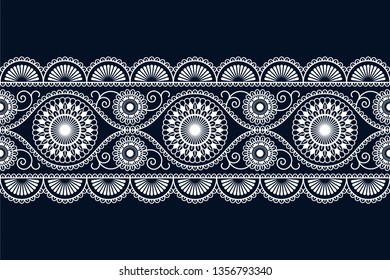 seamless vector white ethnic ornamented border design with flowers. seamless template in swatch panel