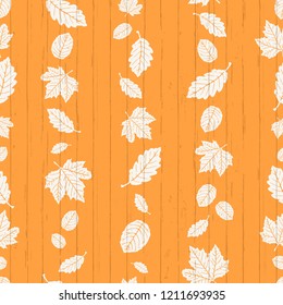 Seamless Vector White Falling Leaves Stripes On Bright Orange Shiplap Wood Background. Great For Holidays, Thanksgiving, Invitations, Stationery, Greeting Cards, Fabric, Paper Crafting, & Home Decor.