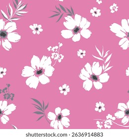 seamless vector white flowers with grey leaves pattern on pink background