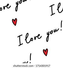 Seamless vector white hand drawn pattern "I love you" with red hearts