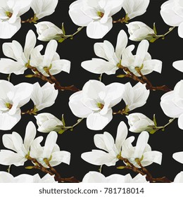 Seamless Vector White Magnolia Flowers Pattern