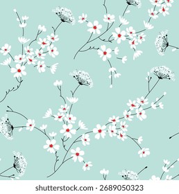 Patrón Pequeño blanco de la flor del Vector inconsútil en fondo verde