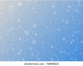 Seamless vector white snowfall effect on blue transparent horizontal background. Overlay snow flake Christmas or New Year winter effect. Elegant snowflake pattern.