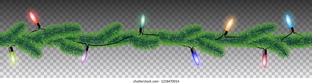 Seamless vector winter coniferous tree branches with needle leaves and colorful christmas lights on transparent background.