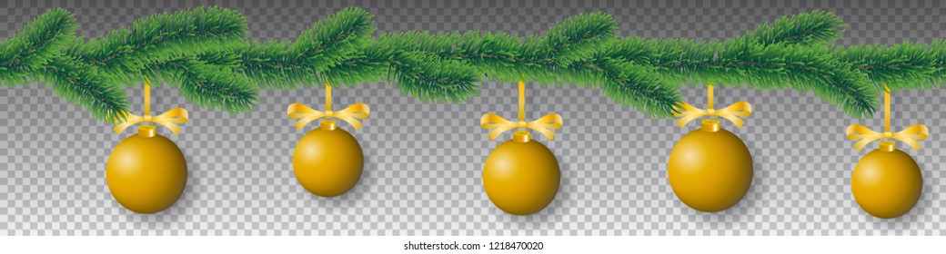 Seamless vector winter coniferous tree branches with needle leaves and hanging golden christmas bulbs on transparent background.